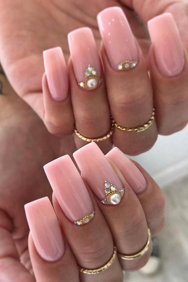 Simple Nude Nails with Rhinestones