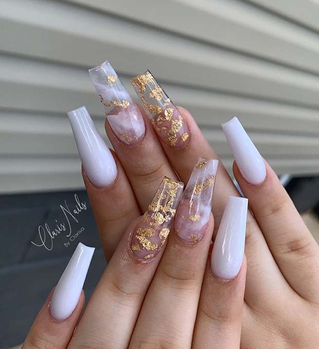 White Coffin Nails with Gold Foil