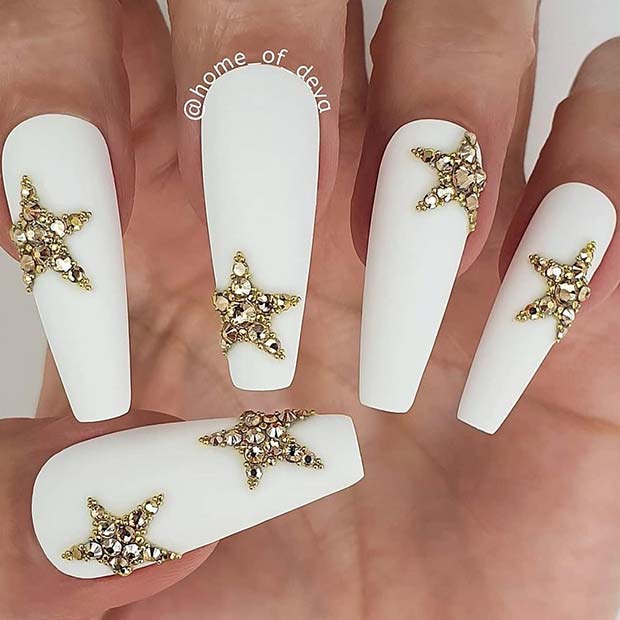 White Coffin Nails with Gold Stars