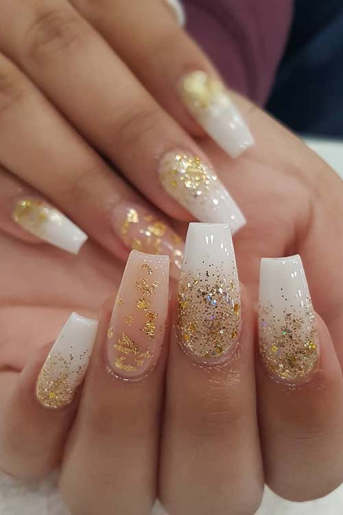 White and Gold Glitter Nails