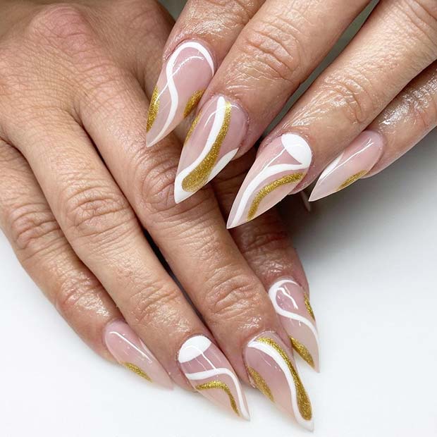 White and Gold Swirl Nails